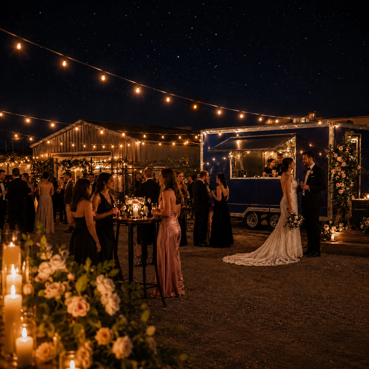 Live wedding service — guests gathered around the truck.